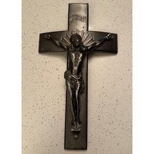 Metallic Crucifix Inri 16" Tall. Looks Vintage Dark Silver Tone